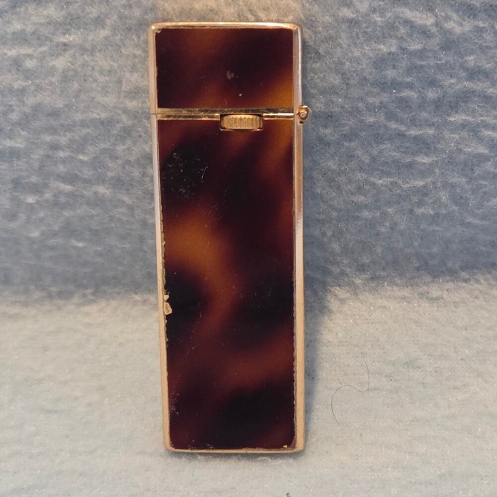Vintage Long Sharp Japan Butane Lighter Tortoise Shell Gold Tone Slim Untested